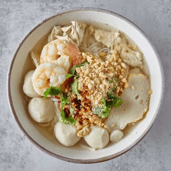Close-up of a bowl of Thai noodle soup with shrimp, fish balls, and crushed peanuts.
