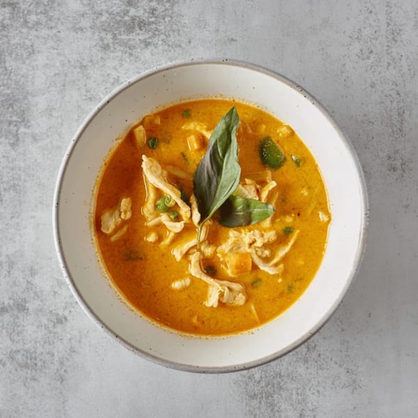 Overhead view of a bowl of yellow curry with chicken, vegetables, and basil leaves.
